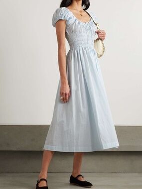 Doen Quinn Tie Detailed Shirred Organic Cotton Poplin Midi Dress in Alice Blue